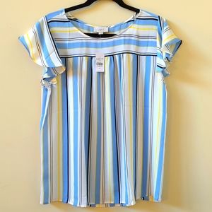 LOFT Striped Flounce Sleeve Blouse (Size M)